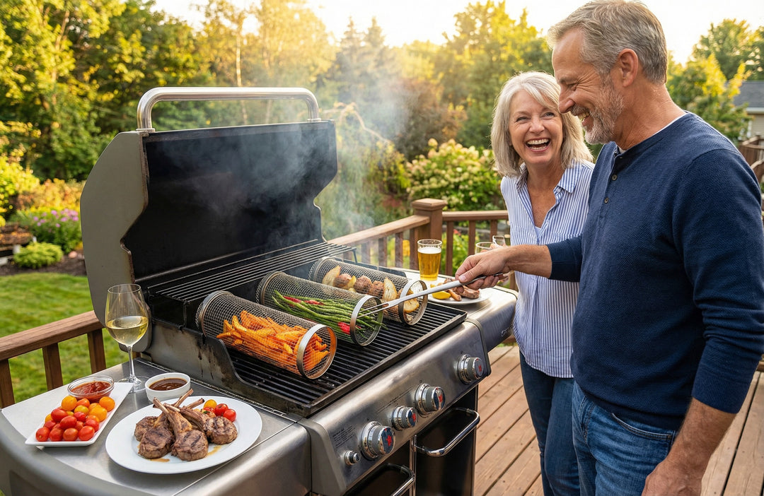 🍔🌭 Get Ready for the Ultimate BBQ Season!🍖Rolling Grill Basket, Removable Wooden Handle