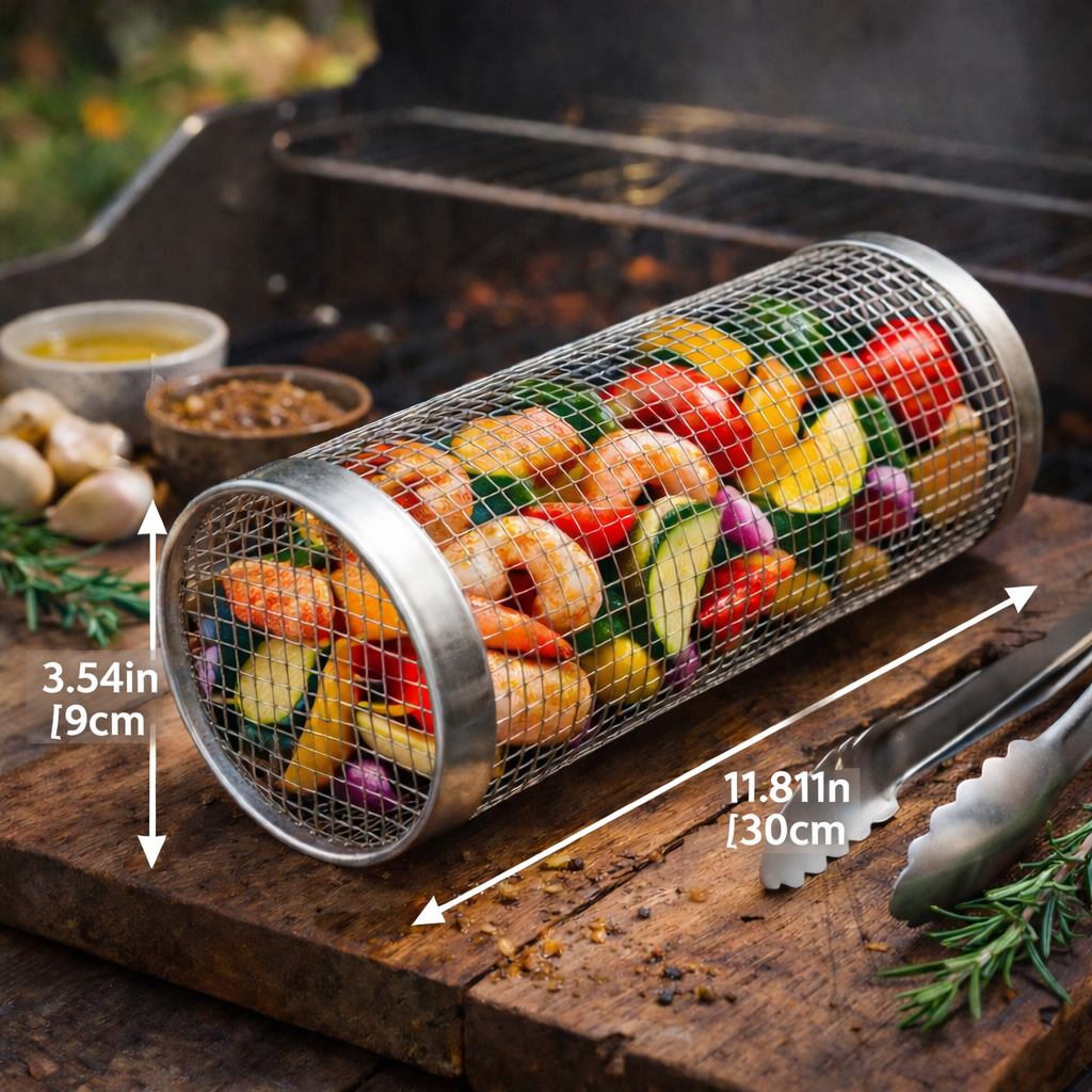 🍔🌭 Get Ready for the Ultimate BBQ Season!🍖Rolling Grill Basket, Removable Wooden Handle