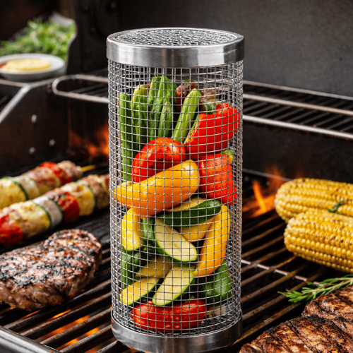 🍔🌭 Get Ready for the Ultimate BBQ Season!🍖Rolling Grill Basket, Removable Wooden Handle