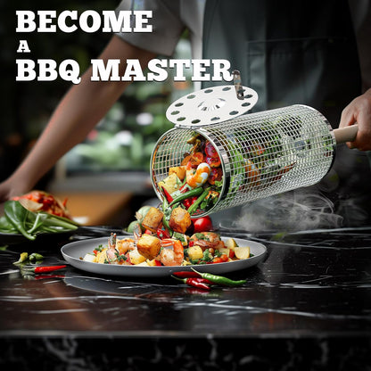 🍔🌭 Get Ready for the Ultimate BBQ Season!🍖Rolling Grill Basket, Removable Wooden Handle