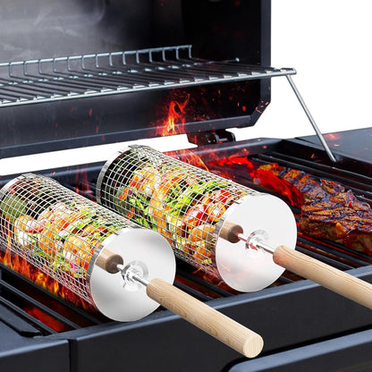 🍔🌭 Get Ready for the Ultimate BBQ Season!🍖Rolling Grill Basket, Removable Wooden Handle